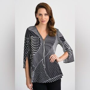 Joseph Ribkoff Polka Dot V-Neck Blouse Size 14 3/4 Sleeves Tunic Made In Canada